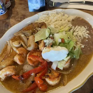 Fish &amp; shrimp w/ garlic guajillo sauce