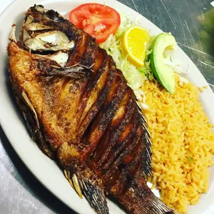 a plate of fish and rice