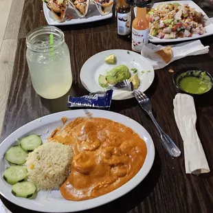 Camarones Chipotle,  Ceviche de Pescado, fish tacos.