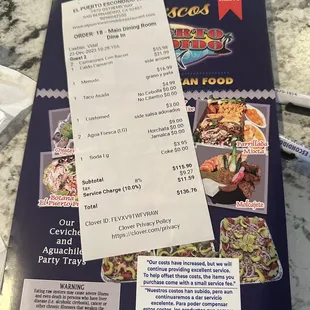 Menu &amp; service charge