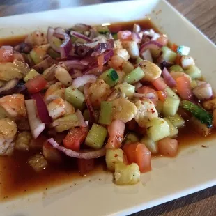 Shrimp &amp; Octopus Ceviche. Very good, but there was more cucumber and onion than actual seafood. The tostadas that came with it were just ok.