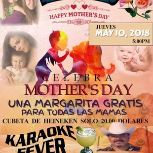 Los esperamos hoy 10 de mayo
Tendremos mole de pollo$10
Costillas en salsa verde$10
Y una margarita gratis para ser Feliz a mama karaoke