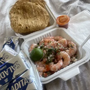Shrimp fish ceviche with tostadas crackers salsa (maybe ask for extra  lime next time )