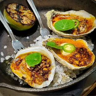 Wood fired oysters with achiote butter and grasshoppers