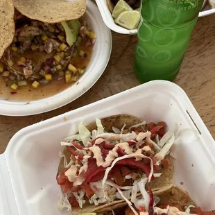 Steak tacos, mango shrimp ceviche, fried shrimp tacos