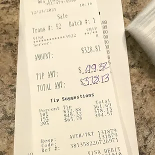 Waitress wrote the tip herself