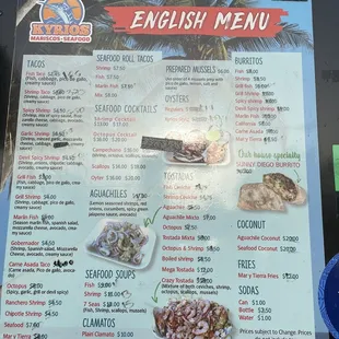 English menu (price fading, refer to Spanish menu)