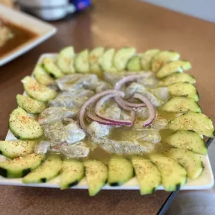 Aquachlies (shrimp ceviche) with cucumbers