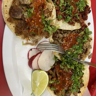 Top left to right- carnitas, chorizo, carne asada, and pastor.