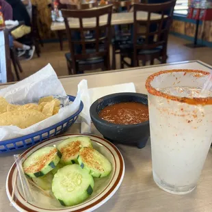 Paloma, customary chips/salsa &amp; cucumbers in tajine