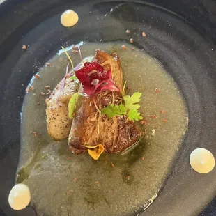 Seared Foie (grouper cheeks, pear cointreau reduction peppered raspberry) appetizer $33