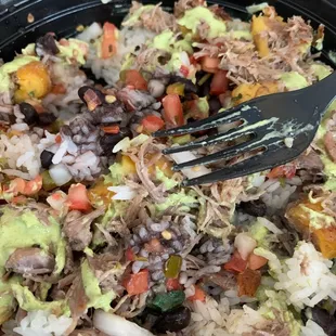 Rice bowl w white rice, black beans, pork, pick and plantains.