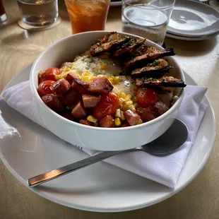 Shrimp &amp; Grits -Special flavors &amp; textures with Blackened Shrimp, Pimiento Cheese Grits, Eggs, Sausage, Corn &amp; Grilled Tomatoes.
