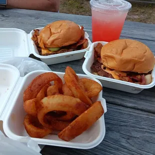 Onion rings, burger and strawberry lemonade.