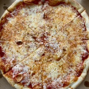 a cheese pizza in a box