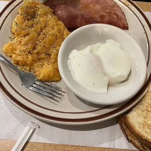 Cheesy hash brown casserole, ham, poached eggs.