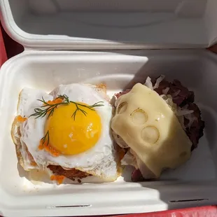 Bodega Bay smoked salmon (chive creme fraiche, salmon caviar, and dill), add an egg, and Pastrami &quot;Reuben&quot; latkes