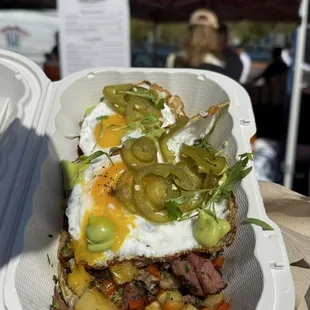 Breakfast Hash (cubed potatoes, pastrami, brisket topped w/2 eggs, avocado salsa, jalapeños) $15.50 + tax ~$17 one of the best deals