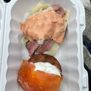 top: pastrami reuben latke
 bottom: smoked salmon latke