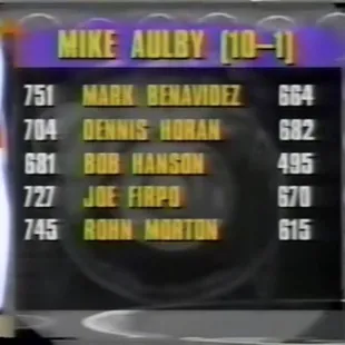 Mark Benavidez at the 1996 American Bowling Congress Masters getting run over by PBA Hall of famer Mike Aulby.