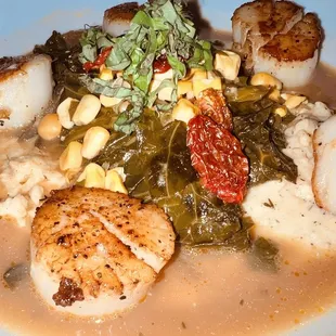 Seared New Bedford Scallops - collard greens / creamy grits / roasted corn basil shrimp broth