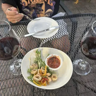 Calamari appetizer and wine