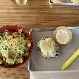 "Side" Caesar salad with the shaved roast beef sandwich with Provolone cheese.