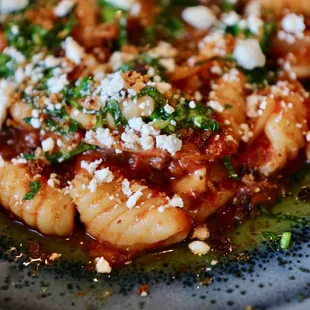 Ricotta Cavatelli with salsa pomodoro, red wine-fennel braised beef, basil gremolata, and ricotta salata.