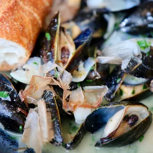 Mussels available at lunch and dinner! Fine herbs, bonito, butter, whey, lemon, and baguette.