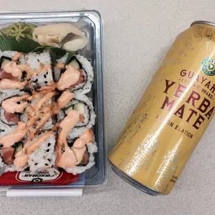 Spicy nama salmon roll by sushi with gusto and a lemon elation Yerba mate