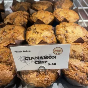 cinnamon chip muffins on display