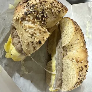 Turkey sausage, egg &amp; cheese on a toasted everything bagel