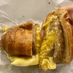 Sausage egg and cheese sandwich on croissant