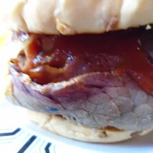 Beef Brisket Sandwich, close-up.