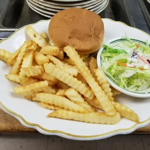 a plate of french fries and a burger