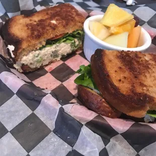 Chicken salad sandwich with fruit