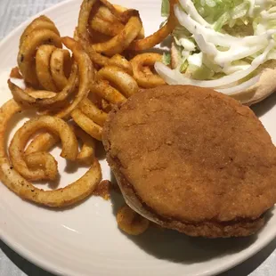 Chicken patty and curly fries