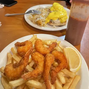 Crab Eggs Benedict + Shrimp and Chips