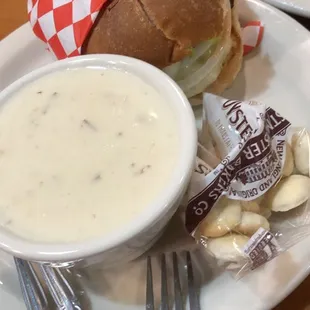 Lunch Swiss Mushroom Burger with chowder on the side