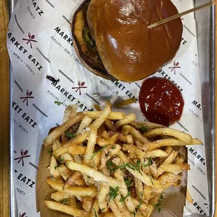 Burger and truffle fries