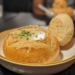 Clam chowder in bread bowl