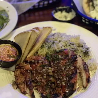 Pomegranate chicken (large size include basmati rice, greek salad, hummus, pita brd)