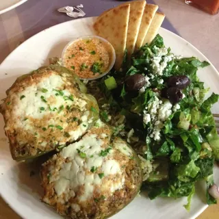 Stuffed Green Peppers (large size include basmati rice, greek salad, hummus, pita brd)