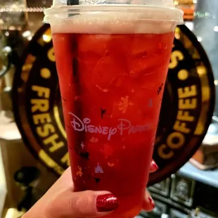 $3.99 Passion Fruit Tango Iced Tea - no sweetener, so refreshing and cold! Even the cup itself has the Disney’s logo on it, aww!