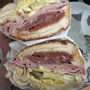 Create your own sando (ham, salami, and pepperoni on Dutch crunch and toasted)