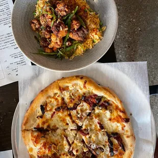 Pizza and cauliflower with rice