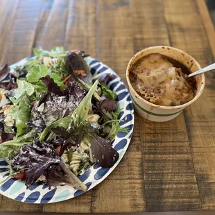 I took home the French onion soup, a grab and go chicken and bacon salad mixed with a grab and go Italian pasta salad.