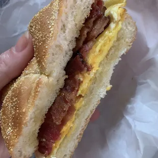 Yummy Bacon egg and cheese on a roll for just 3.99!