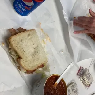 Half chicken club and beef chili