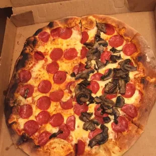 Half pepperoni &amp; half pepperoni/mushroom. The best pizza! So fresh!!!